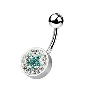 316L SS Blue Star And White Crystal stone Jeweled Curved Navel Ring With Steel Base