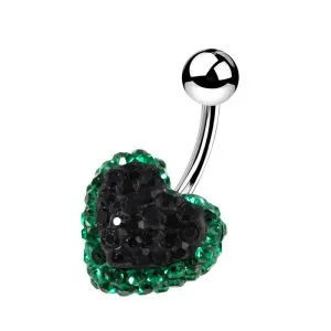 Green Crystal stone With Black Heart Crystal Curved SS Banana Bar Navel Ring