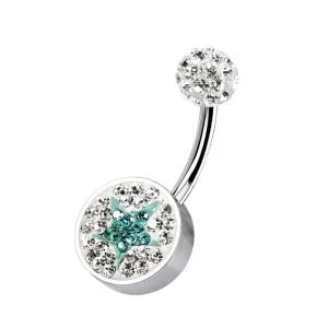 Blue Star And White Crystal stone Jeweled With SS Curved Navel Ring Steel Base
