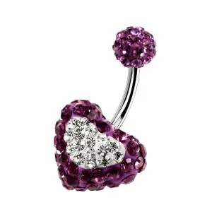 Purple Crystal stone With White Heart Crystal SS Curved Bar Navel Ring