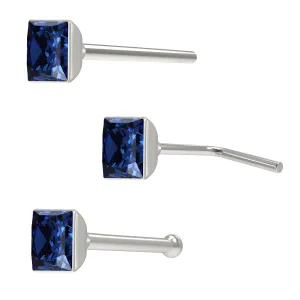 Plain Square Rhinestone Stone Jeweled 925 Sterling Silver Nose Pin
