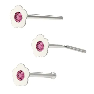 Flower shaped Single Stoned Rhinestone Jeweled 925 Sterling Silver Nose Pin