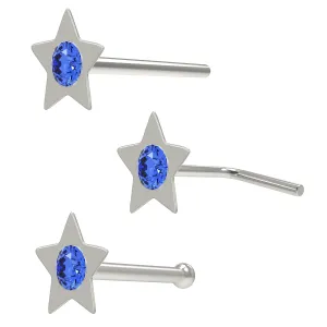 Flat Star Shaped Single Stoned Rhinestone Jeweled 925 Sterling Silver Nose Pin