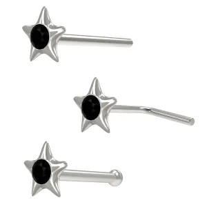 Pentagon Embossed Star Shaped Single Stoned Rhinestone Jeweled 925 Sterling Silver Nose Pin