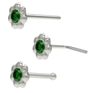 Embossed Flower Shaped Single Stoned Rhinestone Jeweled 925 Sterling Silver Nose Pin