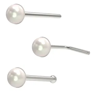Single Pearl On Plain Top Jeweled 925 Sterling Silver Nose Pin
