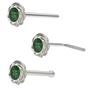 Twisted Flower Shaped Single Stoned Rhinestone Jeweled 925 Sterling Silver Nose Pin