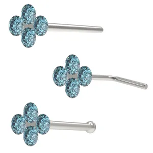 Clear Stone and Other Colors Clover Shaped Four Stoned Rhinestone Jeweled 925 Sterling Silver Nose Pin