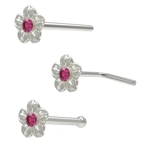 Embossed Five Petal Flower Shaped Single Stoned Rhinestone Jeweled 925 Sterling Silver Nose Pin