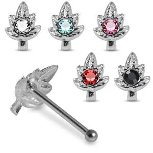 Sparkling Cannabis Gem-Encrusted Marijuana Leaf 925 Sterling Silver Nose Stud