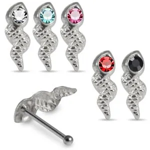 Single Stoned Embossed Serpent 925 Sterling Silver Nose Stud 
