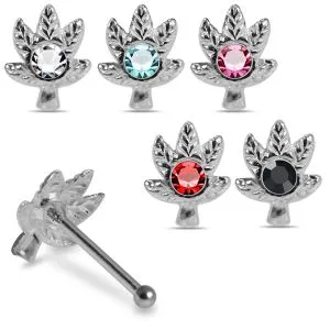 Getting High Marijuana Leaf Design with Single Stone Accent 925 Sterling Silver Nose Stud