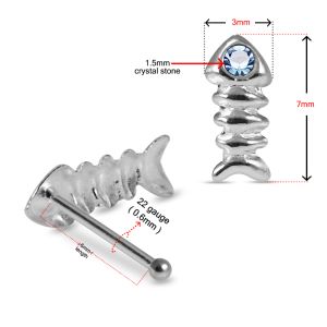 Skeletal Fish 925 Sterling Silver with Singular Stone Nose Stud