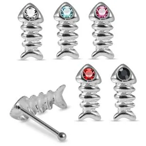 Skeletal Fish 925 Sterling Silver with Singular Stone Nose Stud