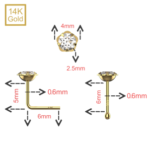 14K Gold Jeweled Flower Ball end and L-Bend Nose Stud