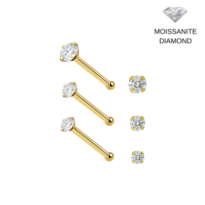 14K Solid Yellow Gold Brilliant Moissanite Diamond Claw-Set Ball end Nose Pin (22G)
