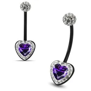 Multi Crystals jeweled Purple Heart center Transparent BioFlex with Crystal Ferido Ball Top pregnancy Belly Ring