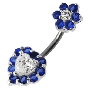 Jeweled Heart with Flower Spinal Belly Button Ring