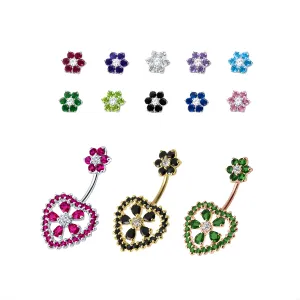 Jeweled Heart Flower Spinal Belly Button Bar