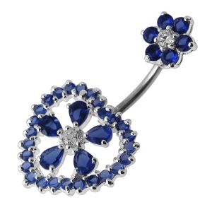 Jeweled Heart Flower Spinal Belly Button Bar