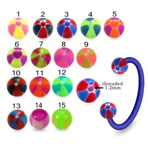 Bio Flex Eyebrow Circular Barbell With Hand Painted Beach Ball Design UV Balls