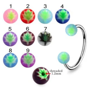 316L Surgical Steel Eyebrow Circular Barbell With Centered Leaf Design UV Balls