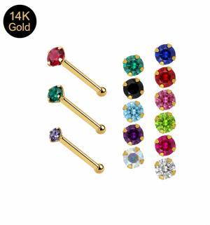 14K Gold Crystal Jeweled Ball End Nose Pin | Different stone size and color