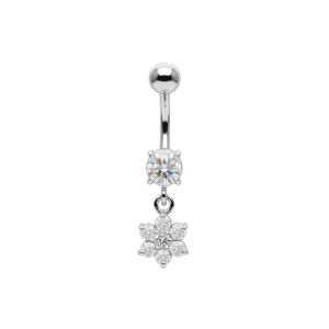 Clear white flower dangle CZ belly button ring in 925 sterling silver PBM2442