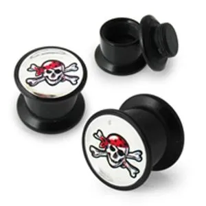 Screw Fit Ear Flesh Tunnel with Red And White Skull Logo