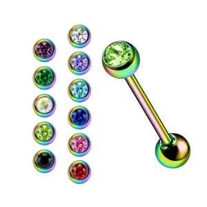 Colorful Rainbow PVD 316L Steel Tongue Barbell with CZ Jewel