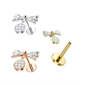 CZ Jeweled Bowtie With Dangling Ball Internally Threaded 316L Surgical Steel Screw Fit Tragus Piercing