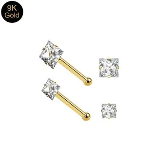 CZ Nose Pin 9K Gold Ball End Square 