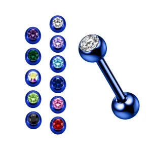 Dark Blue PVD Anodized Tongue Barbell with CZ Jeweled Stone Ball