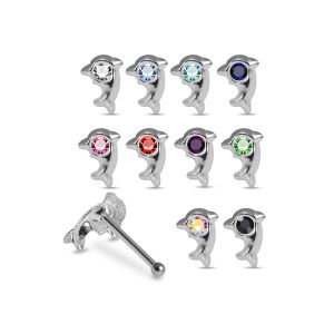 Assortment of rhinestone colors for 925 silver dolphin nose studs including Aqua, Sapphire Blue, Ruby Red, and AB.