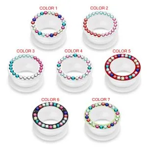 UV Milk White Flesh Tunnel with Multi color Stones in Ferido Glue Setting