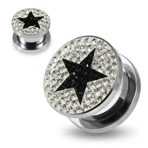 316L surgical steel Black Star on Clear Background CZ Jeweled Tunnel