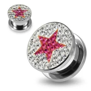 316L surgical steel Pink Star on Clear Background CZ Jeweled Tunnel