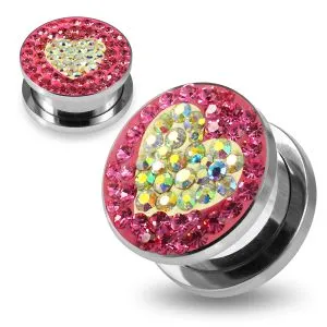 316L Surgical Steel Aurora Borealis Heart on Pink Background CZ Jeweled Ear Tunnel