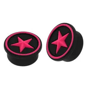 Embossed Fuchsia Star in Black Silicone Magnetic Ear Plug