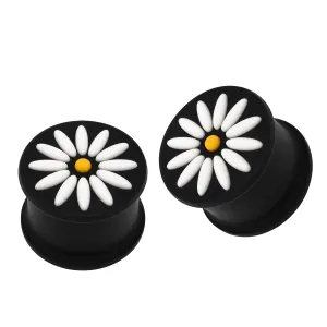 Embossed White Flower Black Silicone Ear Plug
