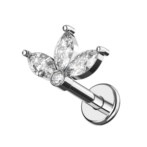 316L Surgical Steel Marquise Leaf Cluster CZ Internal Thread Flat Back Labret | 16G