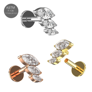G23 Grade Titanium Triple Stone Design CZ Jeweled  Internally Threaded Top with Flat Back Labret