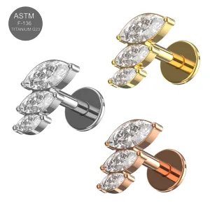 G23 Grade Titanium Triple Stone Design CZ Jeweled  Internally Threaded Top with Flat Back Labret