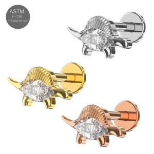 G23 Grade Titanium Stegosaurus Design CZ Jeweled  Internally Threaded Top Flat Back Labret