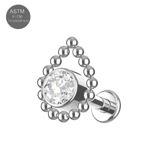 Bezel Set CZ Center with Tear Shaped Beaded Ball Edge Implant Grade Titanium Internally Threaded Labret