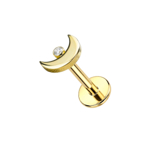 14K Solid Gold CZ Crescent Moon Internally Threaded Labret – Choice of Base