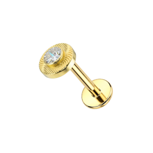 5mm CZ button attachment top shown with a decorative 14K gold heart back labret base.