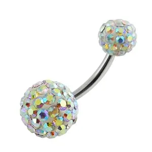 Rainbow Multi Color Crystal Stone Ball With SS Bar Belly Ring FDBLY119