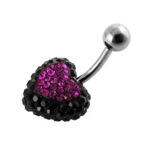 Black And Pink Crystal stone Heart With Curved Barbell Navel Ring