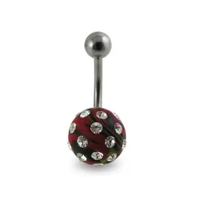Red Colored Hand Painted Crystal Ball SS Bar Navel Ring